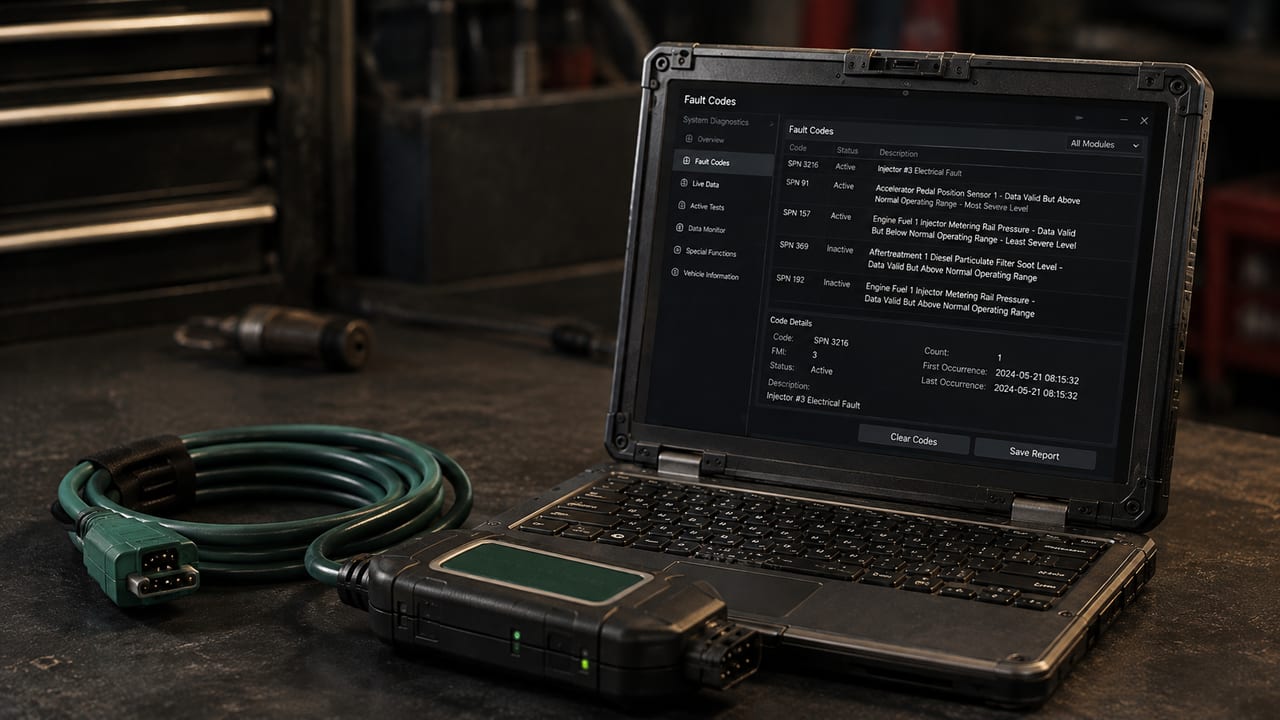 Heavy-truck diagnostic scan showing SPN fault codes