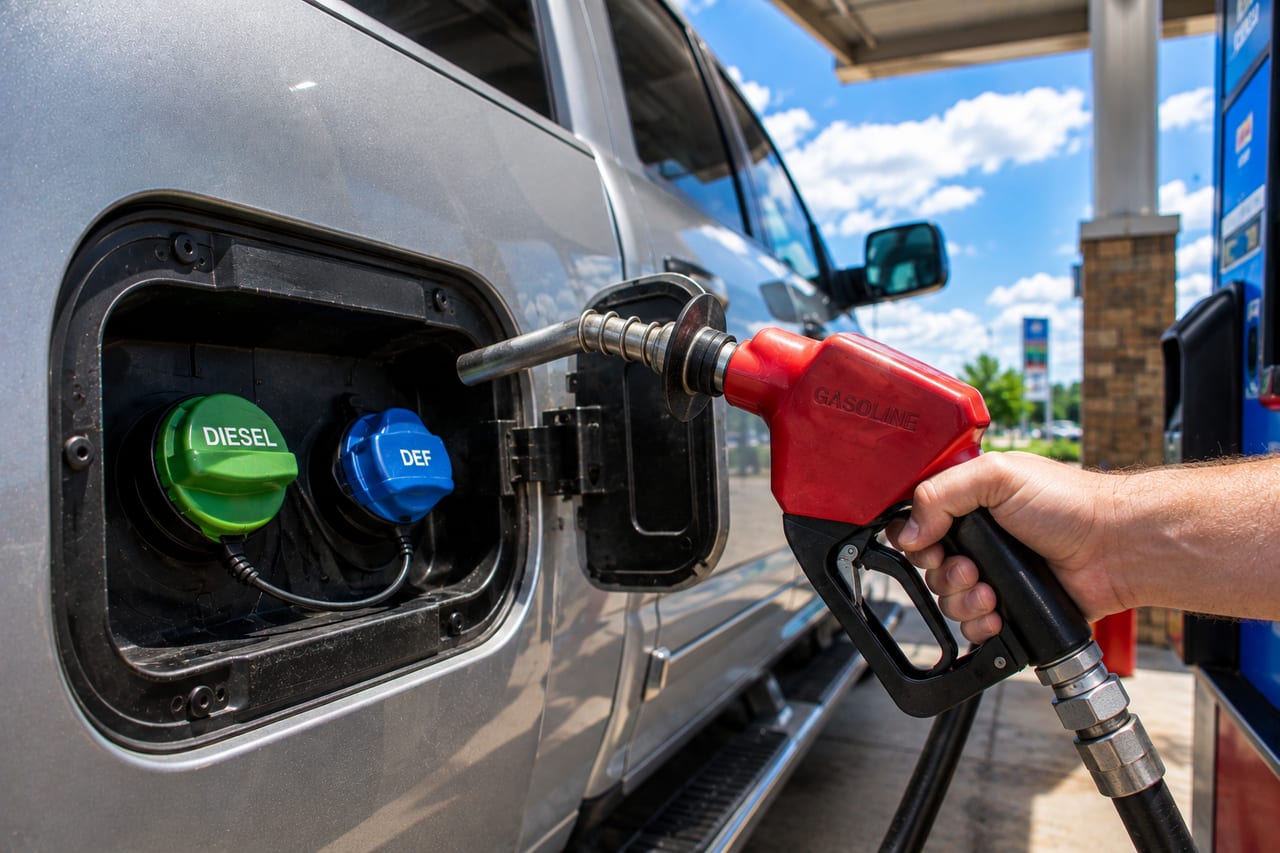 A diesel pickup's fuel door with a green DIESEL cap and blue DEF cap at a fuel station as a red gasoline pump nozzle is held up beside them