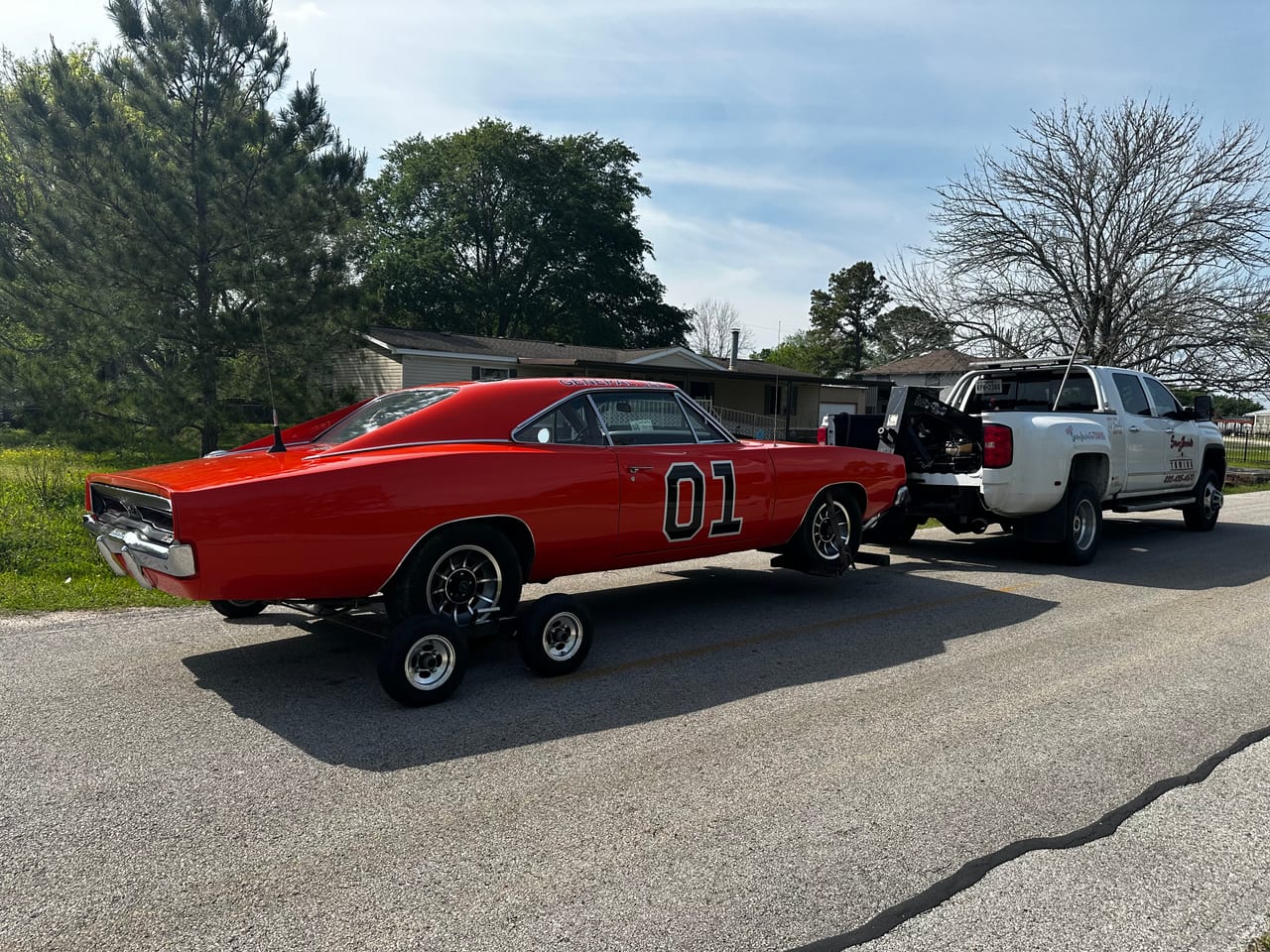 General Lee Dodge Charger on our flatbed — light duty towing Crosby TX